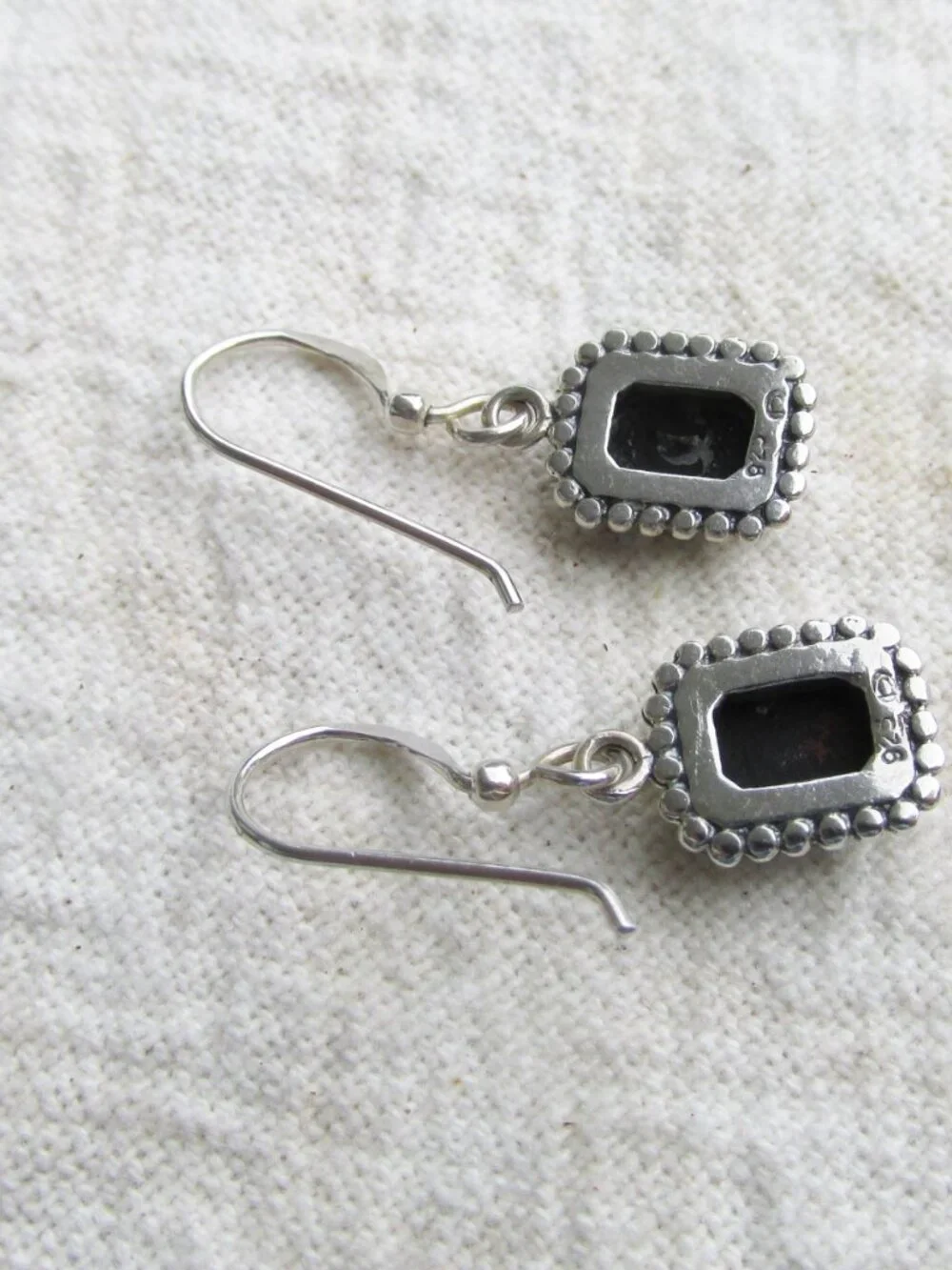 Vintage Sterling Silver Black Hematite Small Square Dangle Earrings